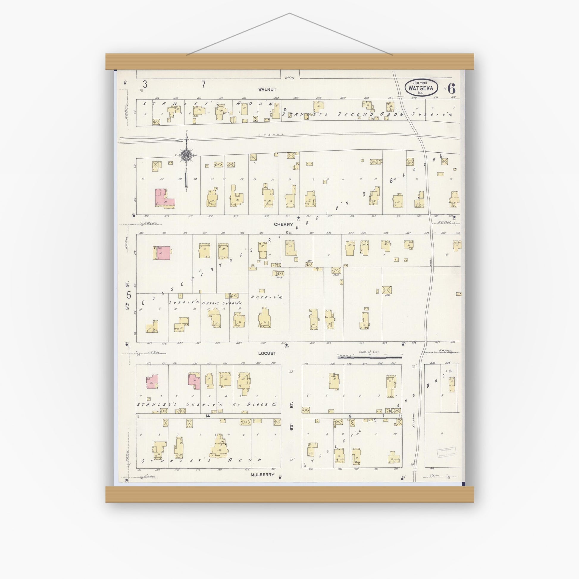 Old map wall art mockup — magnetic wood frame on white wall — Sanborn Fire Insurance Map from Watseka, Iroquois County, Illinois (1911), Sheet #0006