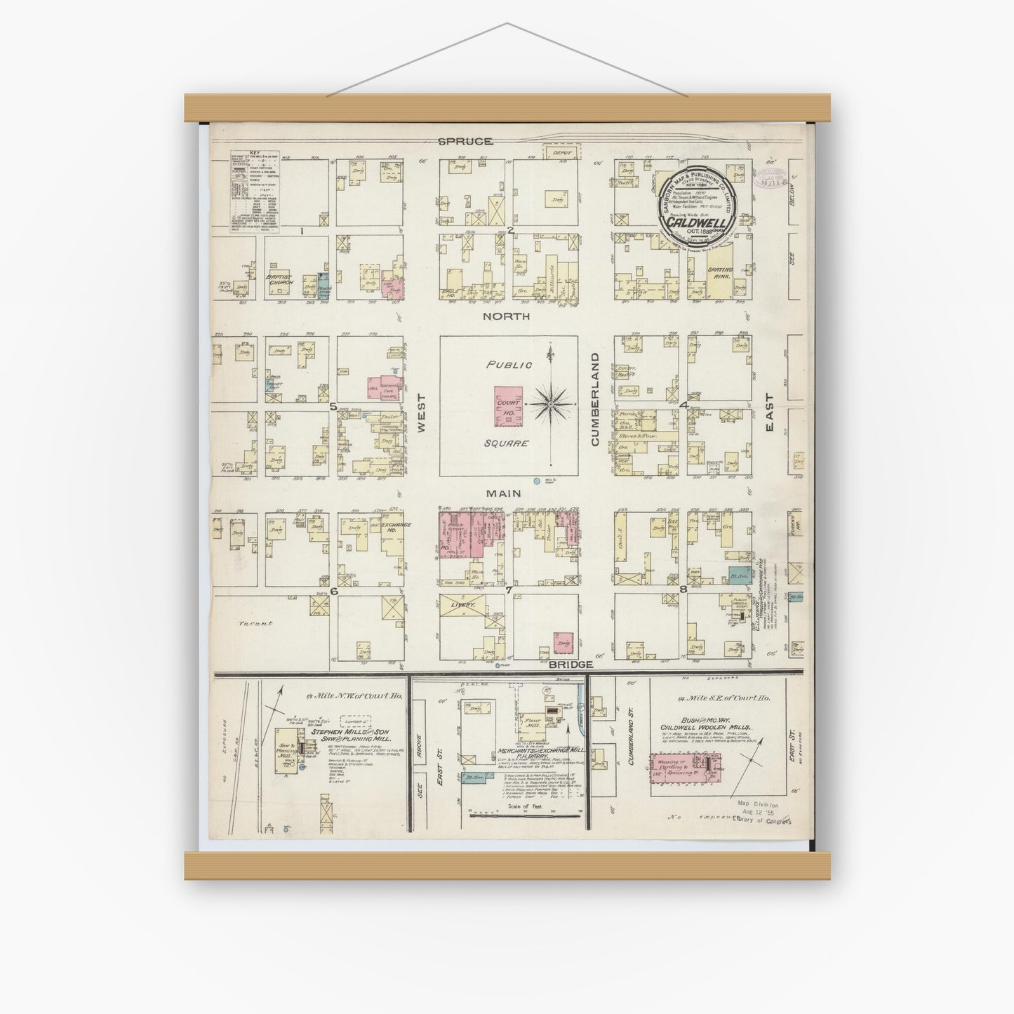 Old map wall art mockup — magnetic wood frame on white wall — Sanborn Fire Insurance Map from Caldwell, Noble County, Ohio (1885), Sheet #0001