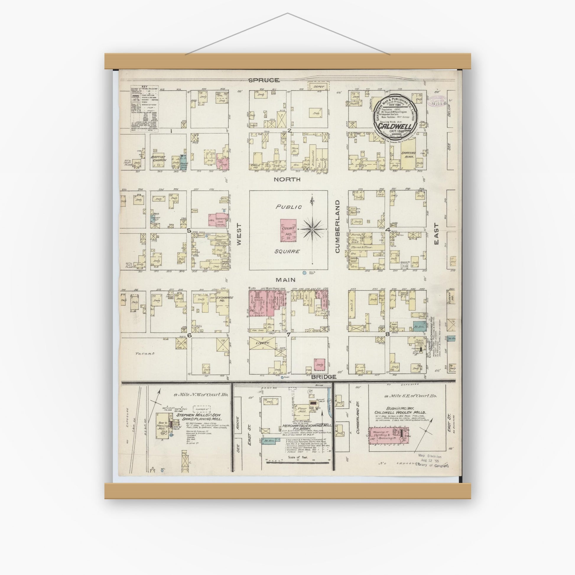 Old map wall art mockup — magnetic wood frame on white wall — Sanborn Fire Insurance Map from Caldwell, Noble County, Ohio (1885), Sheet #0001