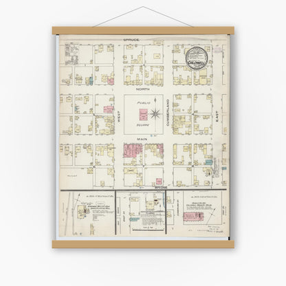 Old map wall art mockup — magnetic wood frame on white wall — Sanborn Fire Insurance Map from Caldwell, Noble County, Ohio (1885), Sheet #0001