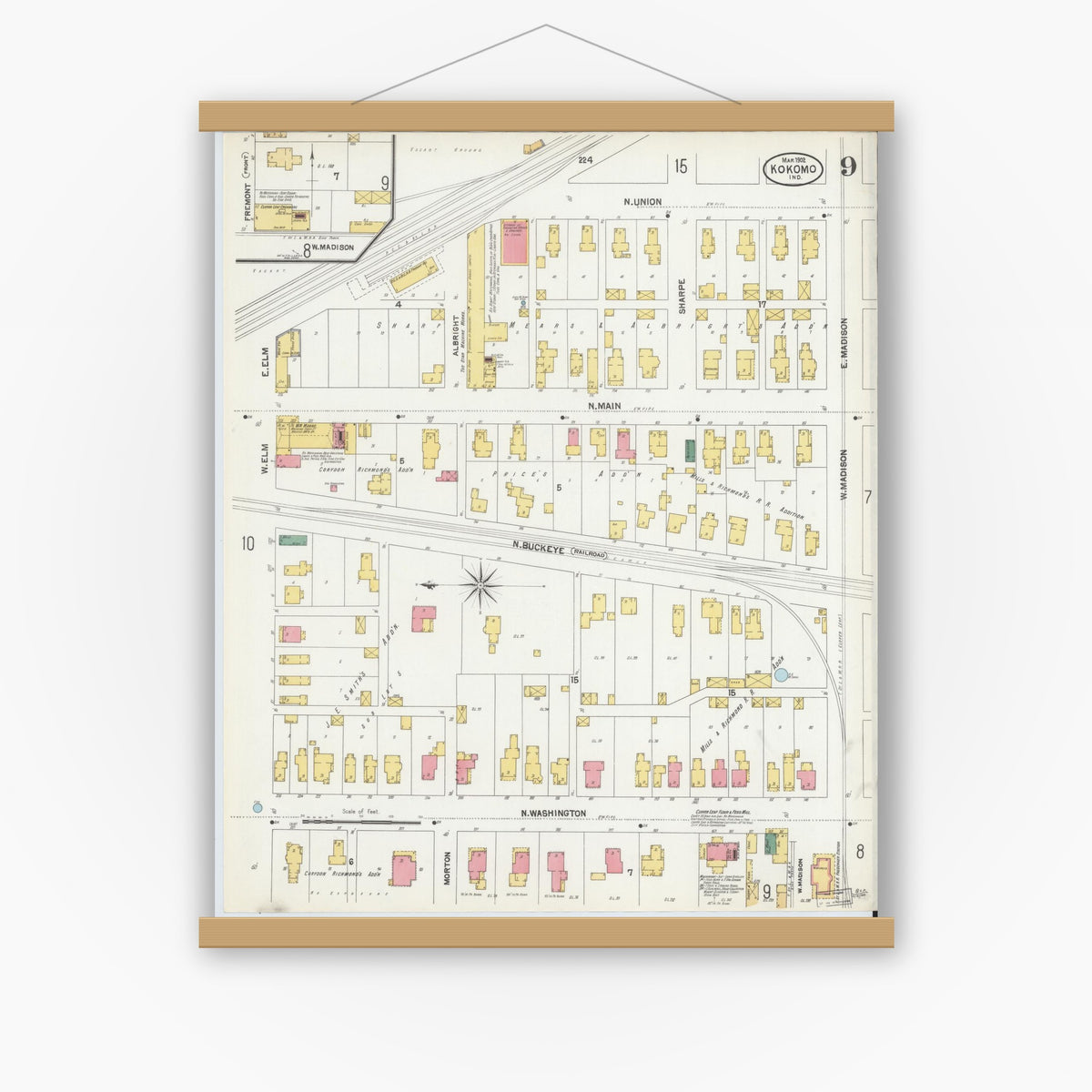 Old map wall art mockup — magnetic wood frame on white wall — Sanborn Fire Insurance Map from Kokomo, Howard County, Indiana (1902), Sheet #0009