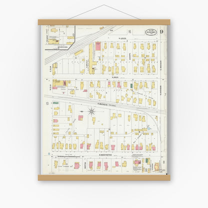 Old map wall art mockup — magnetic wood frame on white wall — Sanborn Fire Insurance Map from Kokomo, Howard County, Indiana (1902), Sheet #0009