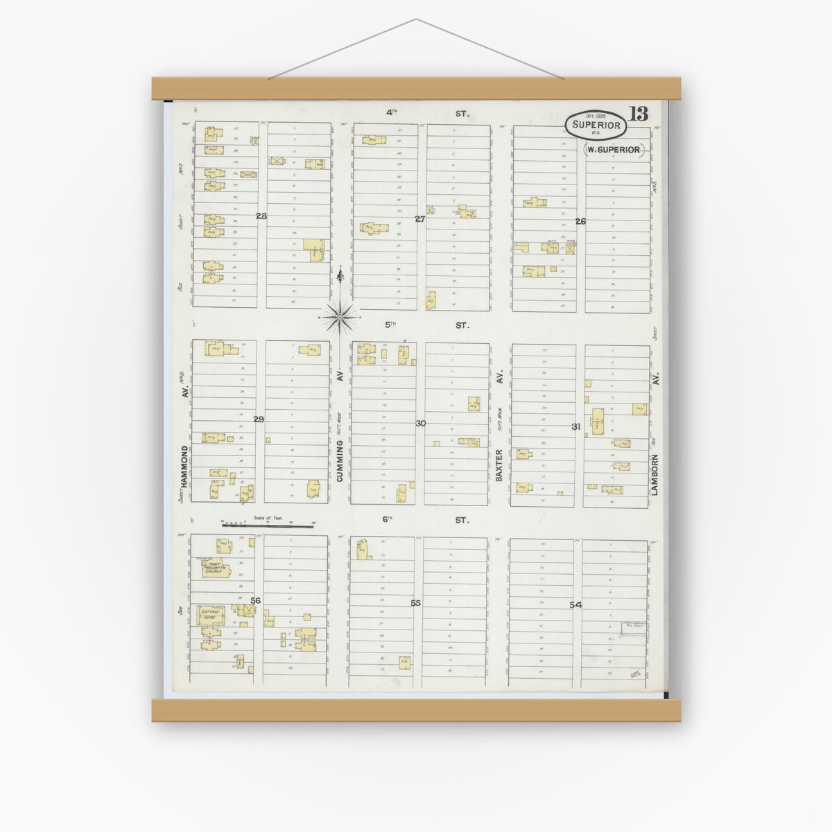Old map wall art mockup — magnetic wood frame on white wall — Sanborn Fire Insurance Map from Superior, Douglas County, Wisconsin (1887), Sheet #0013