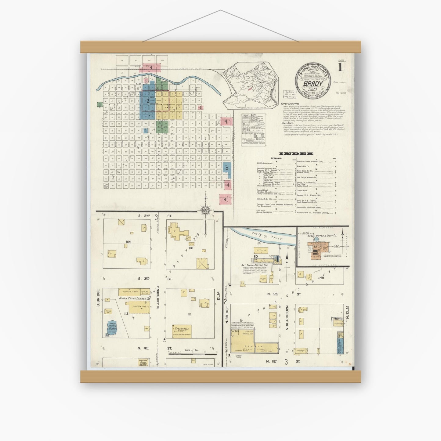 Old map wall art mockup — magnetic wood frame on white wall — Sanborn Fire Insurance Map from Brady, McCulloch County, Texas (1916), Sheet #0001