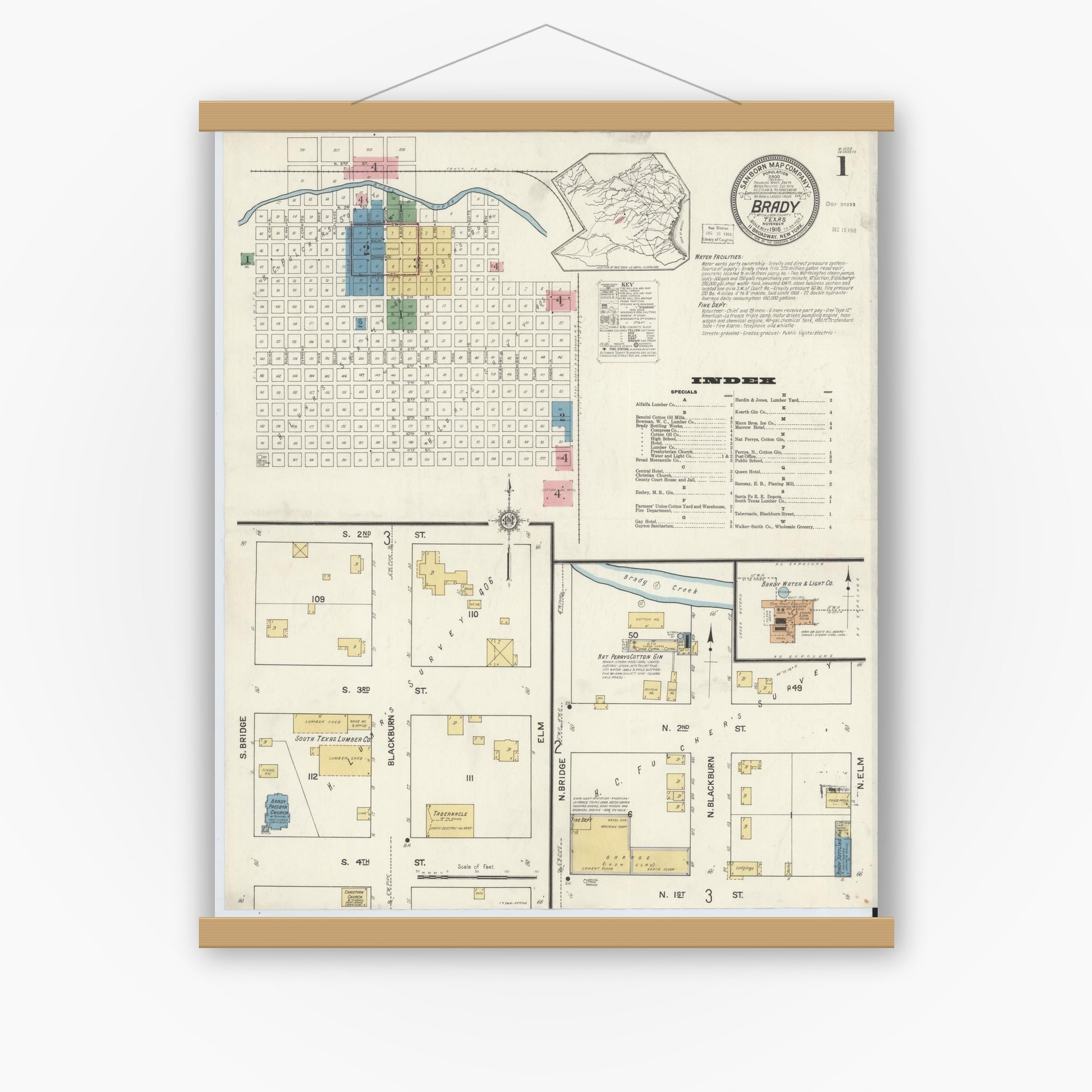 Old map wall art mockup — magnetic wood frame on white wall — Sanborn Fire Insurance Map from Brady, McCulloch County, Texas (1916), Sheet #0001