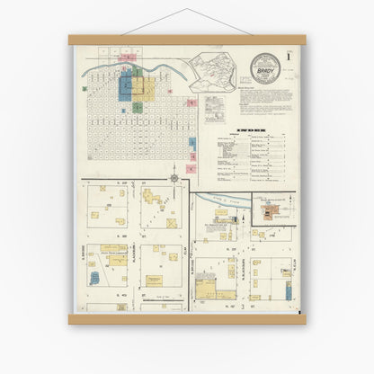 Old map wall art mockup — magnetic wood frame on white wall — Sanborn Fire Insurance Map from Brady, McCulloch County, Texas (1916), Sheet #0001