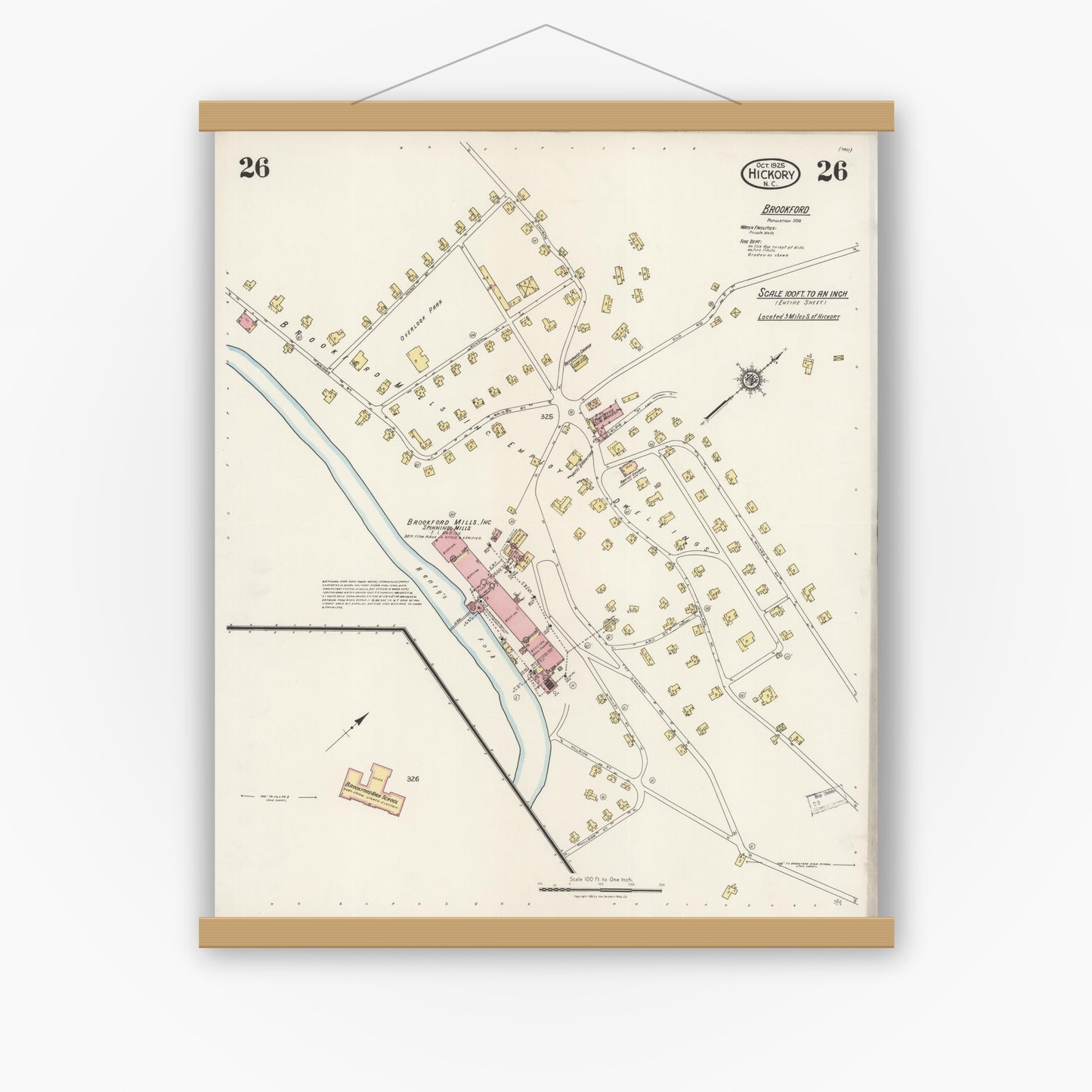 Old map wall art mockup — magnetic wood frame on white wall — Sanborn Fire Insurance Map from Hickory, Catawba County, North Carolina (1925), Sheet #0026
