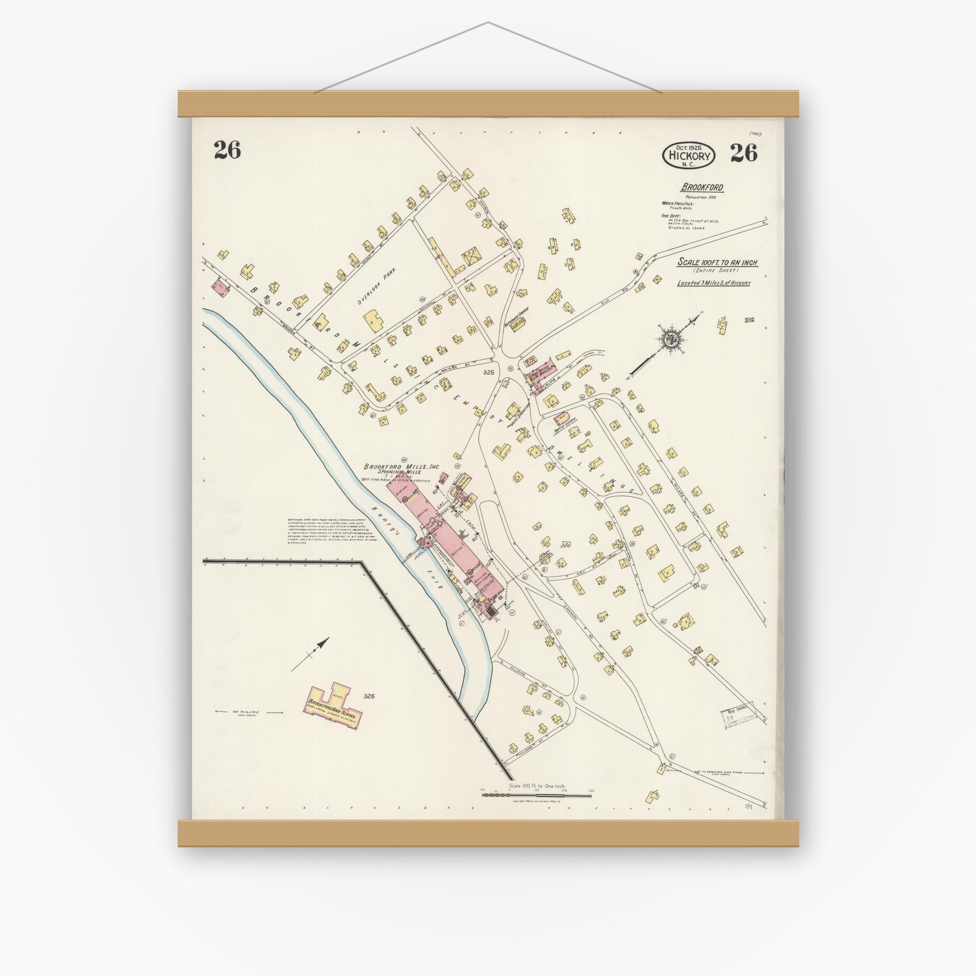 Old map wall art mockup — magnetic wood frame on white wall — Sanborn Fire Insurance Map from Hickory, Catawba County, North Carolina (1925), Sheet #0026