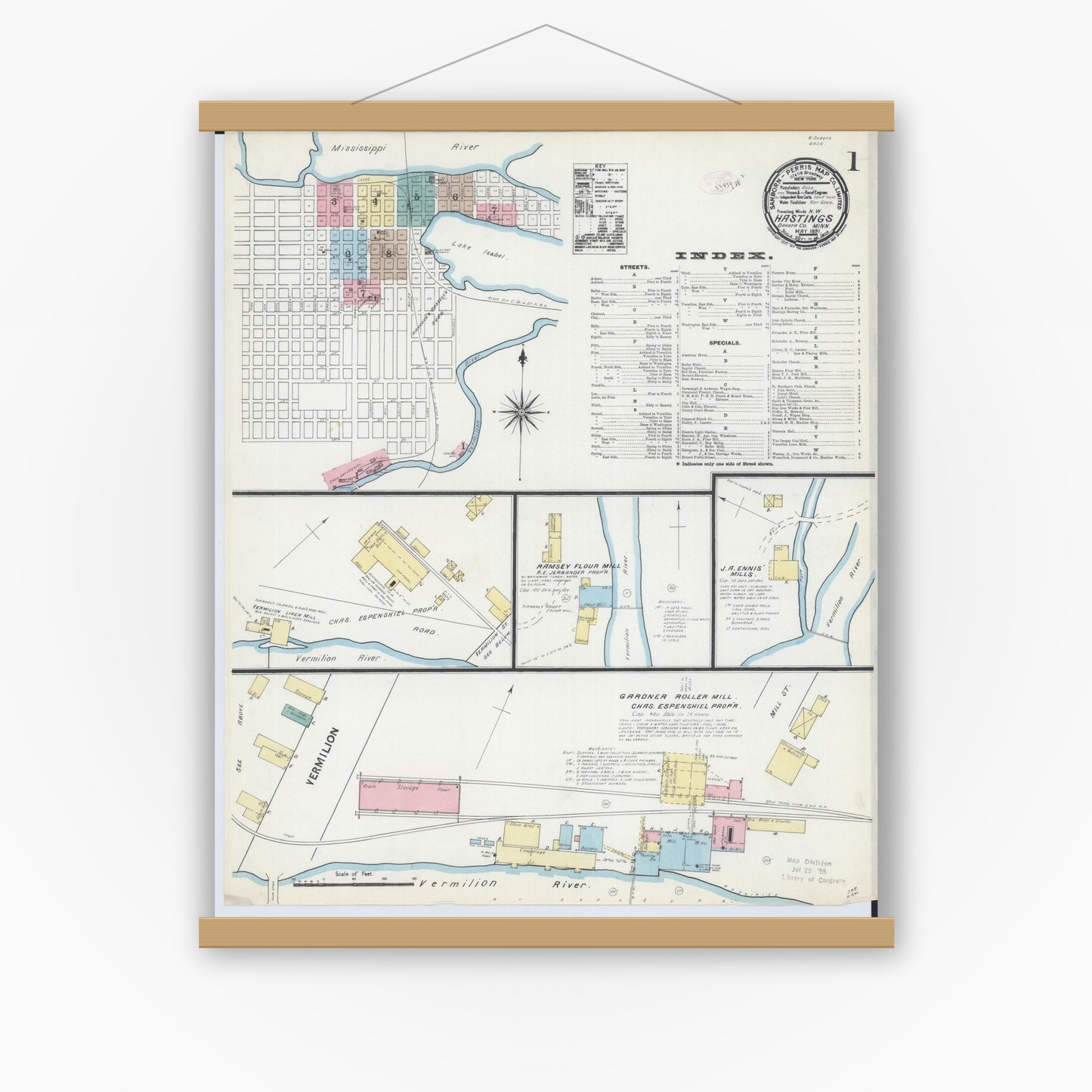 Old map wall art mockup — magnetic wood frame on white wall — Sanborn Fire Insurance Map from Hastings, Dakota County, Minnesota (1891) - Complete Map Set