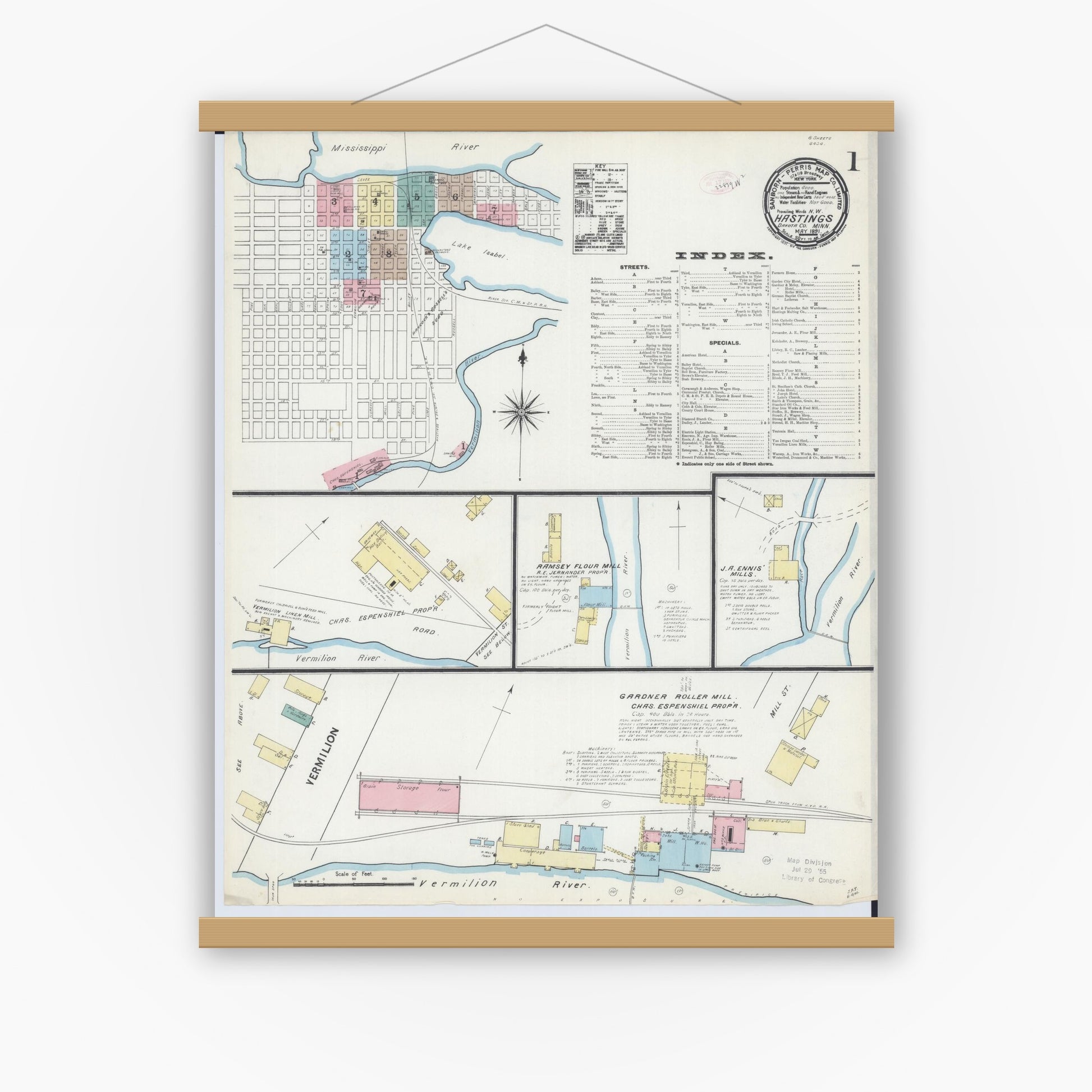Old map wall art mockup — magnetic wood frame on white wall — Sanborn Fire Insurance Map from Hastings, Dakota County, Minnesota (1891) - Complete Map Set