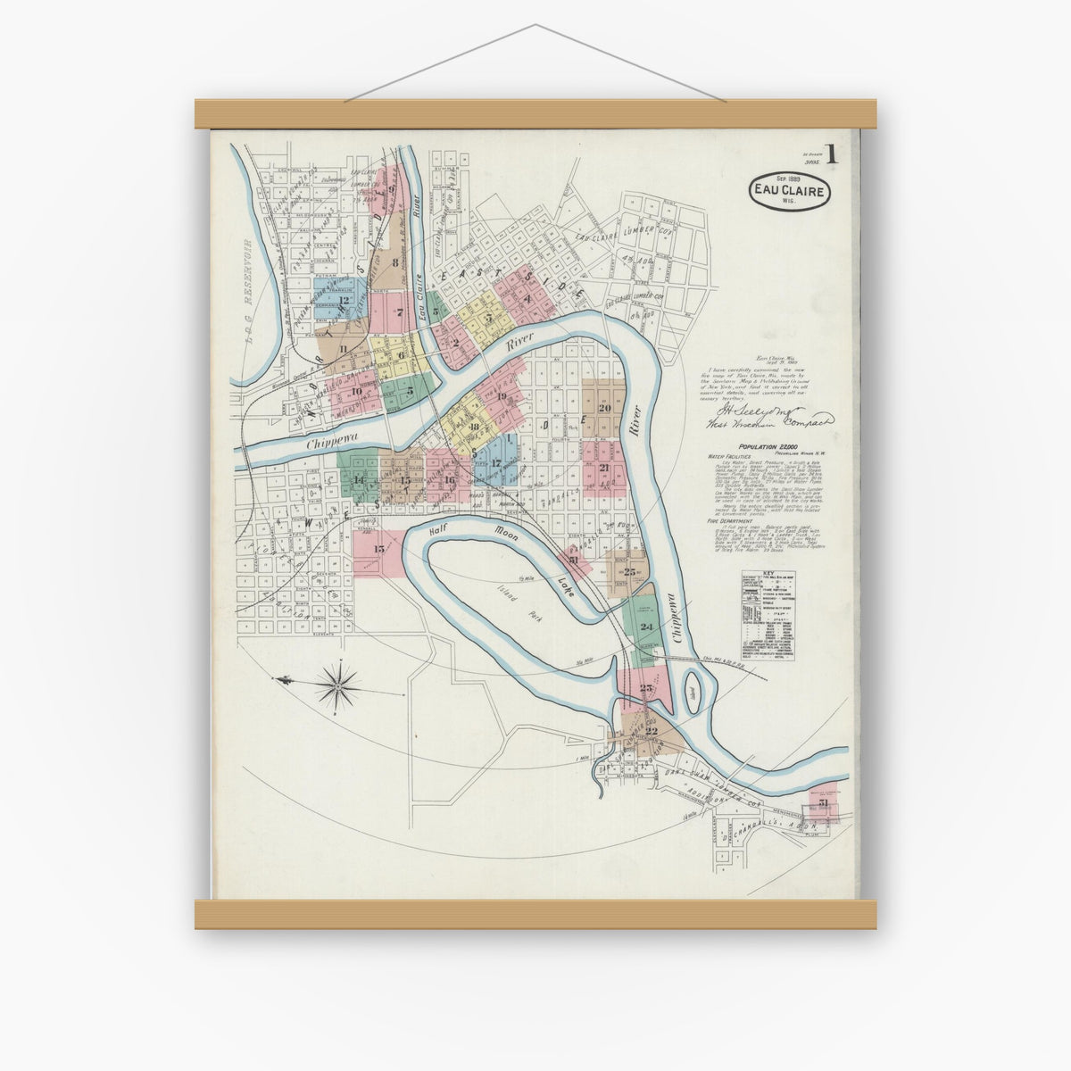 Old map wall art mockup — magnetic wood frame on white wall — Sanborn Fire Insurance Map from Eau Claire, Eau Claire County, Wisconsin (1889) - Complete Map Set