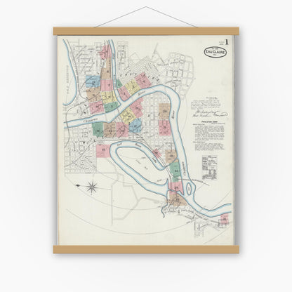 Old map wall art mockup — magnetic wood frame on white wall — Sanborn Fire Insurance Map from Eau Claire, Eau Claire County, Wisconsin (1889) - Complete Map Set