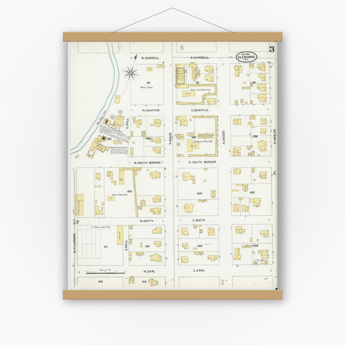 Old map wall art mockup — magnetic wood frame on white wall — Sanborn Fire Insurance Map from Cleburne, Johnson County, Texas (1904), Sheet #0003