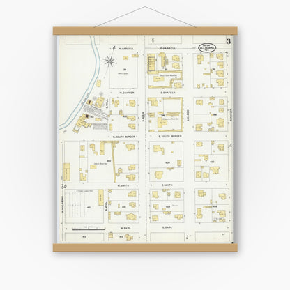 Old map wall art mockup — magnetic wood frame on white wall — Sanborn Fire Insurance Map from Cleburne, Johnson County, Texas (1904), Sheet #0003