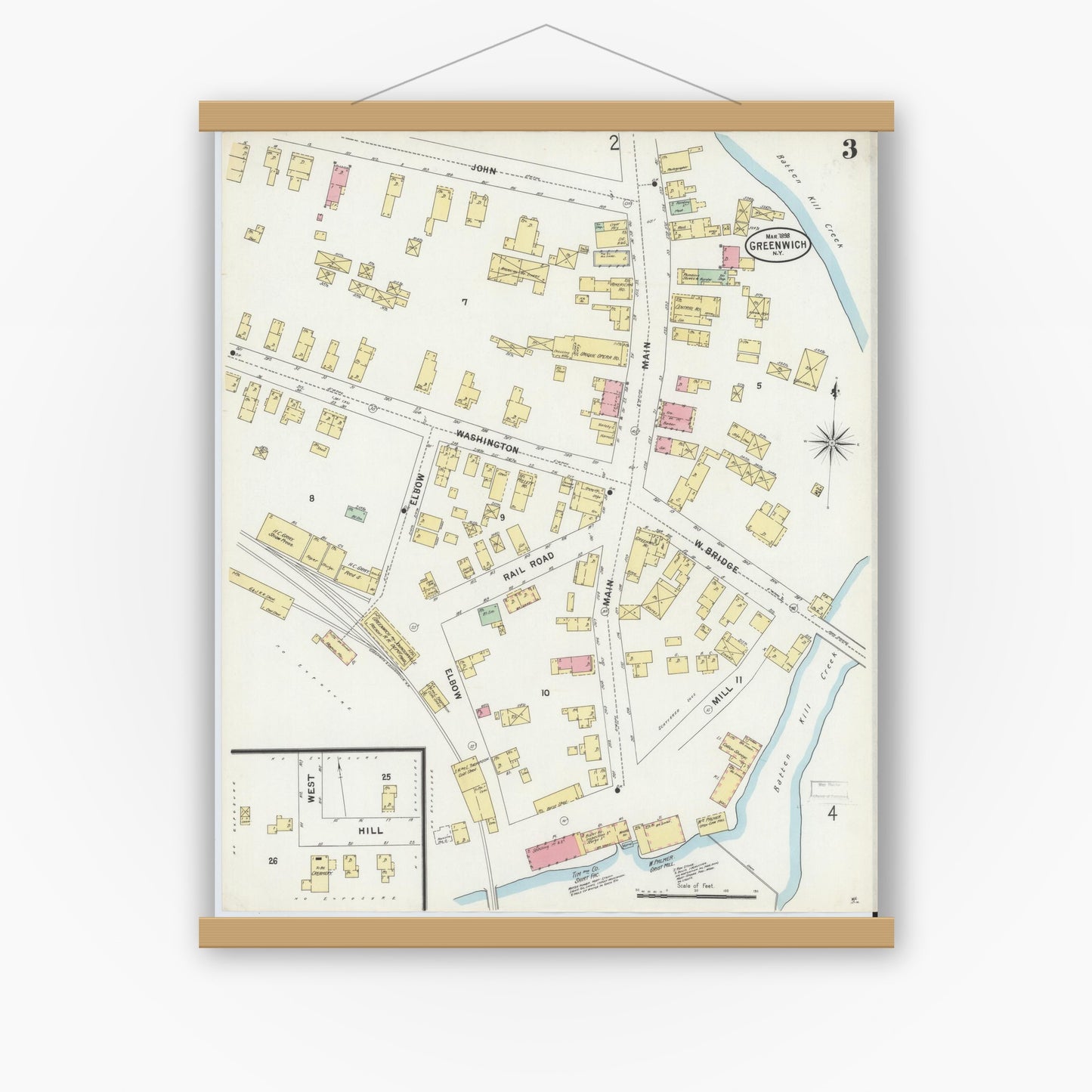 Old map wall art mockup — magnetic wood frame on white wall — Sanborn Fire Insurance Map from Greenwich, Washington County, New York (1898), Sheet #0003