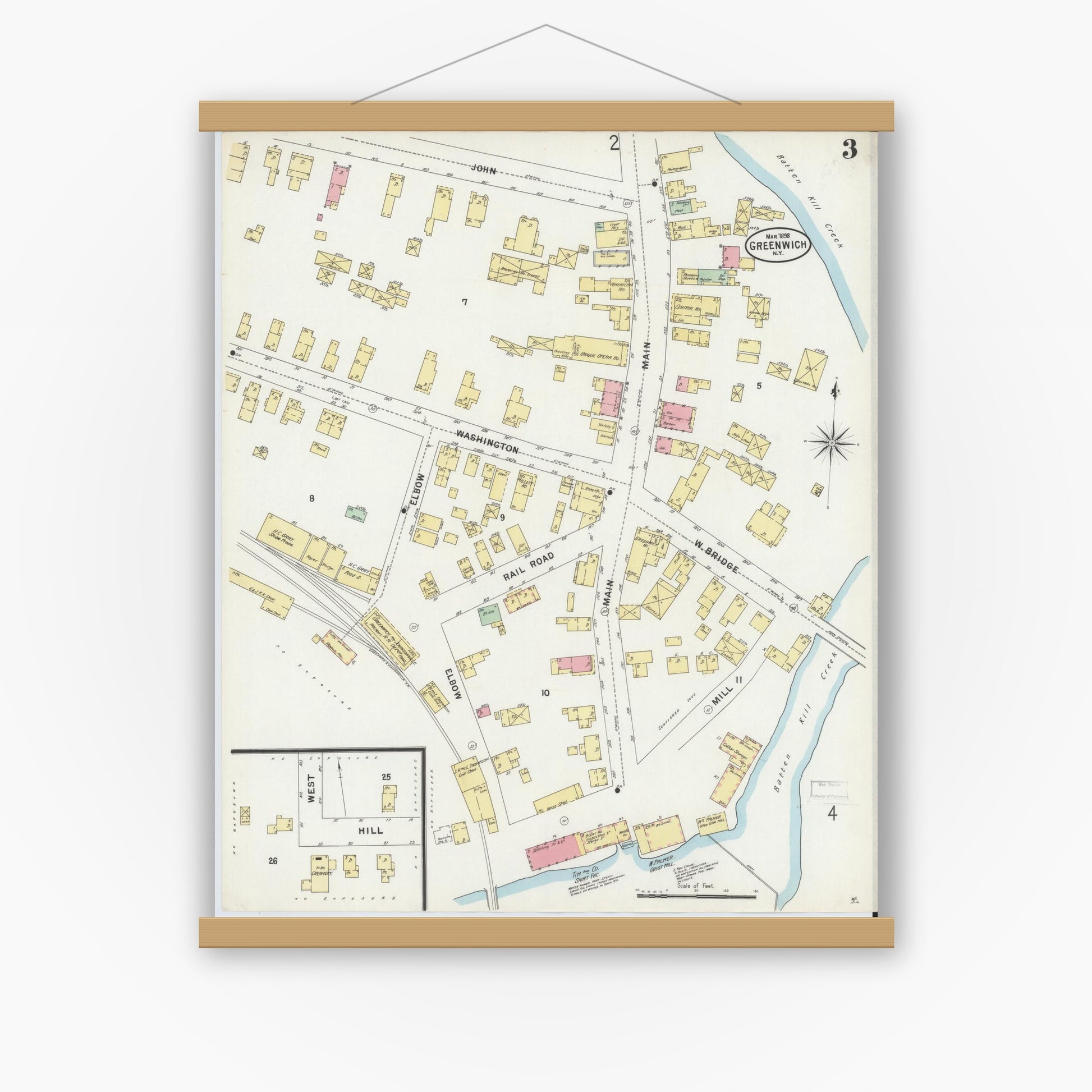 Old map wall art mockup — magnetic wood frame on white wall — Sanborn Fire Insurance Map from Greenwich, Washington County, New York (1898), Sheet #0003