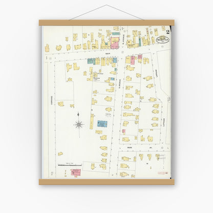 Old map wall art mockup — magnetic wood frame on white wall — Sanborn Fire Insurance Map from Webster, Monroe County, New York (1906), Sheet #0002