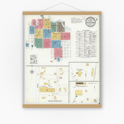 Old map wall art mockup — magnetic wood frame on white wall — Sanborn Fire Insurance Map from Bluffton, Wells County, Indiana (1906) - Complete Map Set