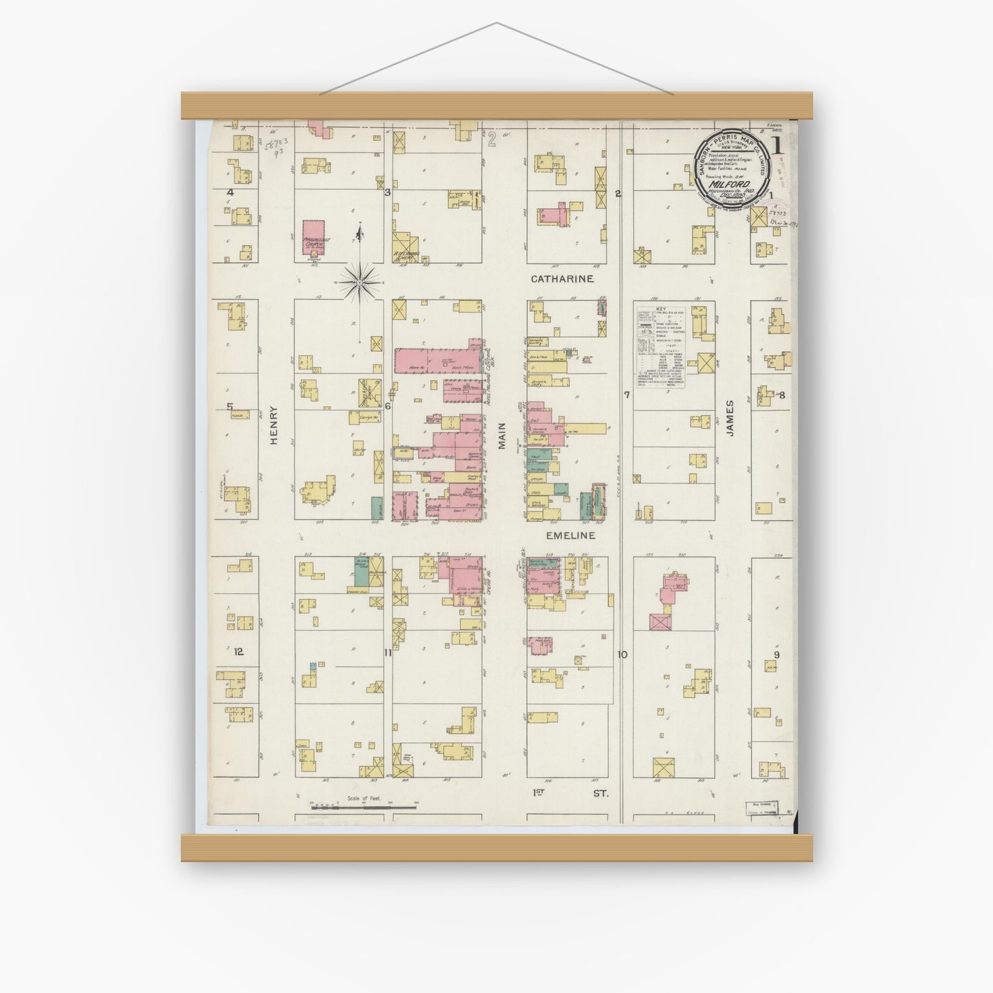 Old map wall art mockup — magnetic wood frame on white wall — Sanborn Fire Insurance Map from Milford, Kosciusko County, Indiana (1893) - Complete Map Set