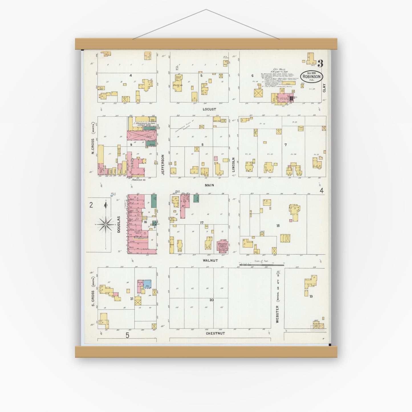 Old map wall art mockup — magnetic wood frame on white wall — Sanborn Fire Insurance Map from Robinson, Crawford County, Illinois (1899), Sheet #0003