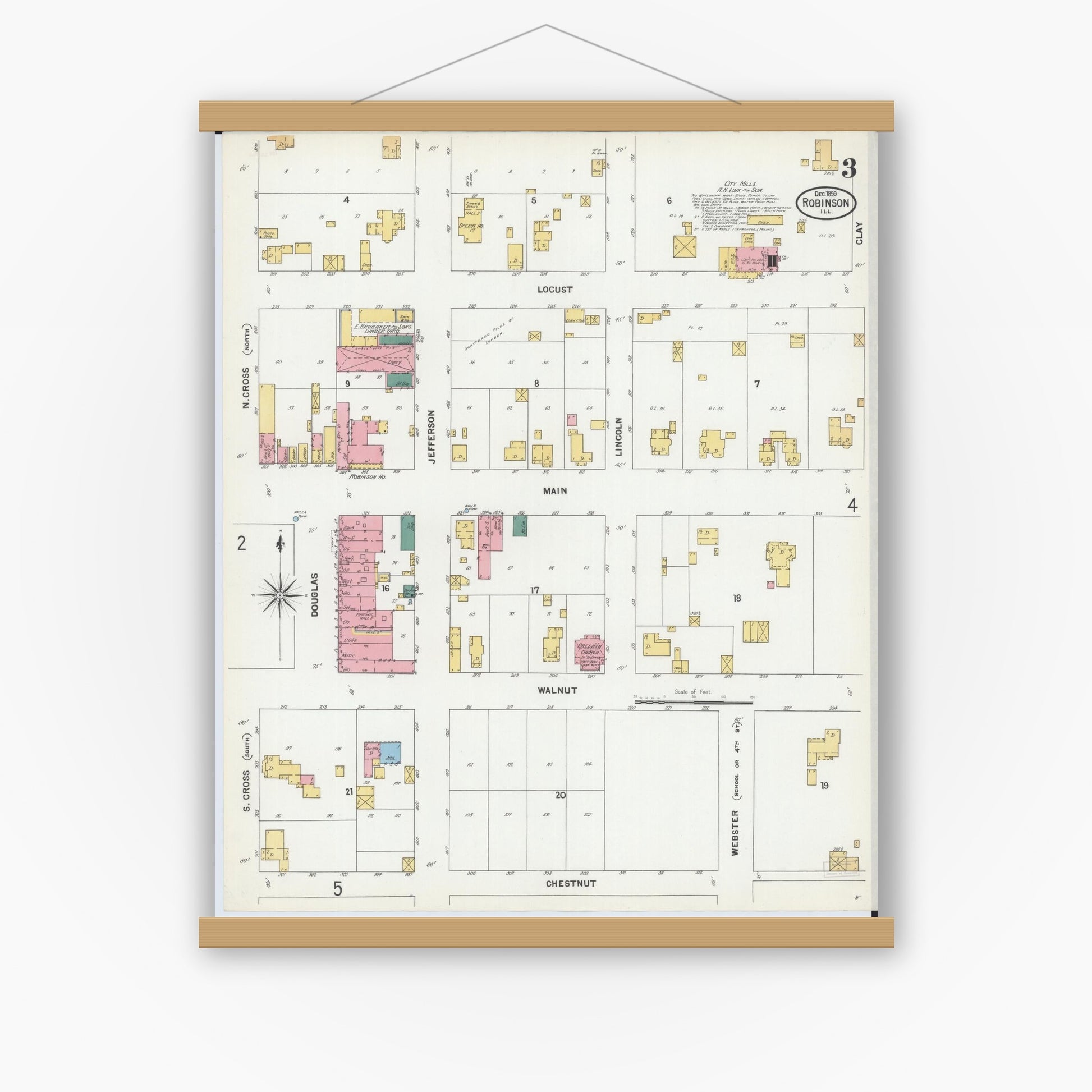 Old map wall art mockup — magnetic wood frame on white wall — Sanborn Fire Insurance Map from Robinson, Crawford County, Illinois (1899), Sheet #0003