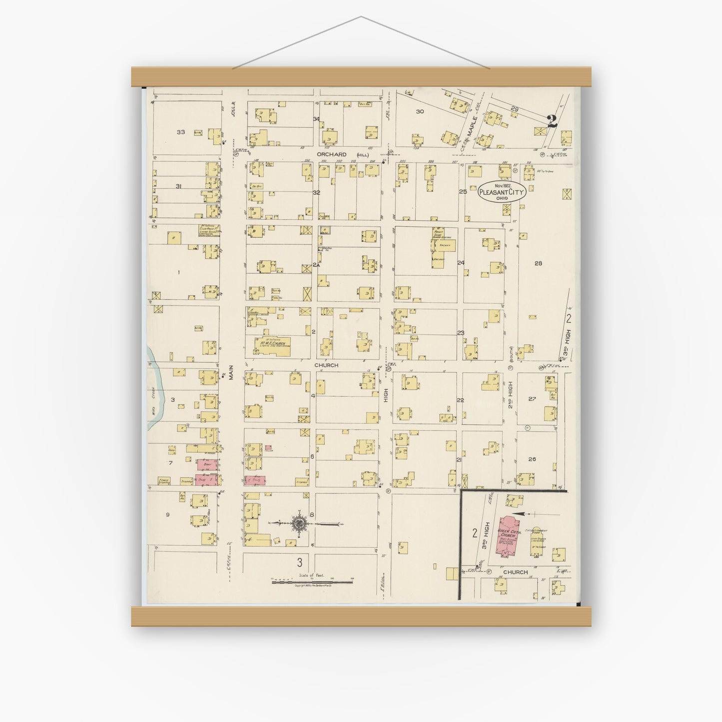 Old map wall art mockup — magnetic wood frame on white wall — Sanborn Fire Insurance Map from Pleasant City, Guernsey County, Ohio (1922), Sheet #0002