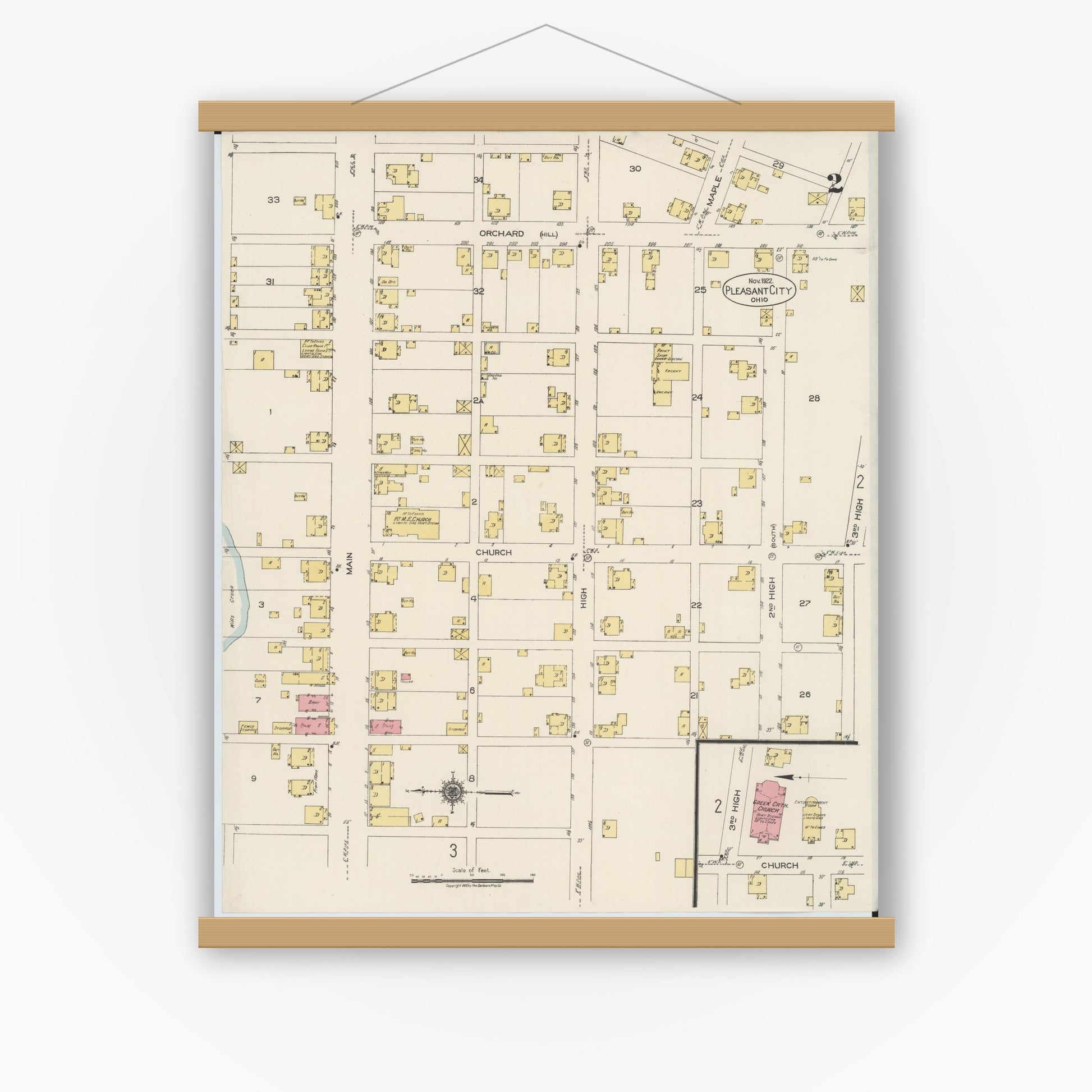 Old map wall art mockup — magnetic wood frame on white wall — Sanborn Fire Insurance Map from Pleasant City, Guernsey County, Ohio (1922), Sheet #0002