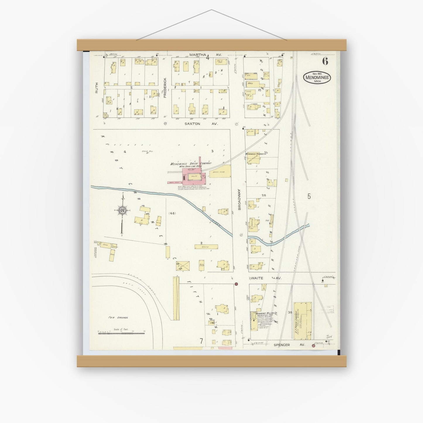 Old map wall art mockup — magnetic wood frame on white wall — Sanborn Fire Insurance Map from Menominee, Menominee County, Michigan (1913), Sheet #0006
