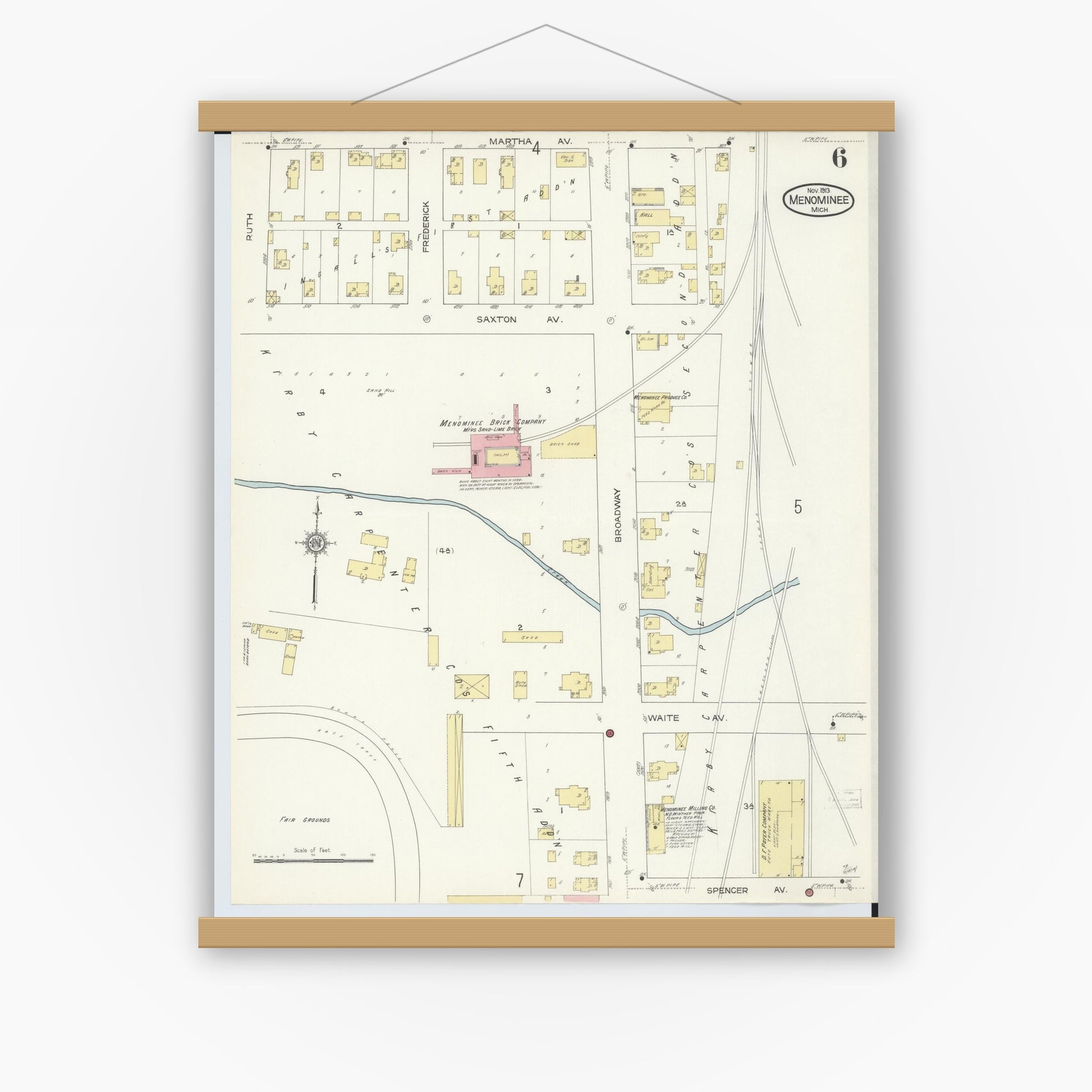Old map wall art mockup — magnetic wood frame on white wall — Sanborn Fire Insurance Map from Menominee, Menominee County, Michigan (1913), Sheet #0006