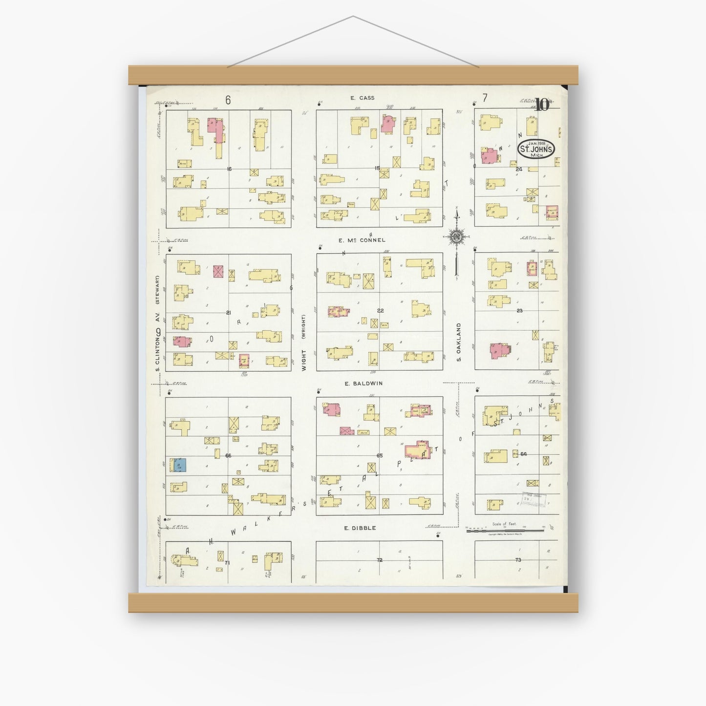Old map wall art mockup — magnetic wood frame on white wall — Sanborn Fire Insurance Map from Saint Johns, Clinton County, Michigan (1918), Sheet #0010