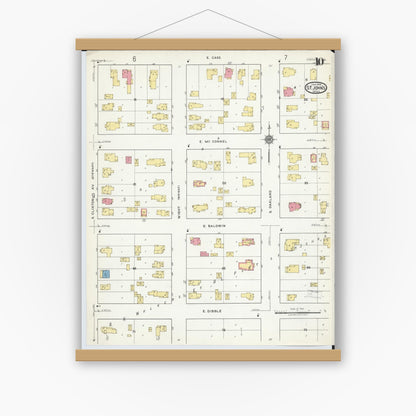 Old map wall art mockup — magnetic wood frame on white wall — Sanborn Fire Insurance Map from Saint Johns, Clinton County, Michigan (1918), Sheet #0010