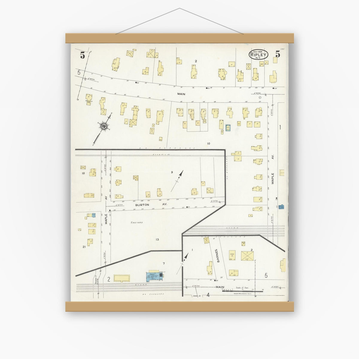 Old map wall art mockup — magnetic wood frame on white wall — Sanborn Fire Insurance Map from Ripley, Chautauqua County, New York (1924), Sheet #0005