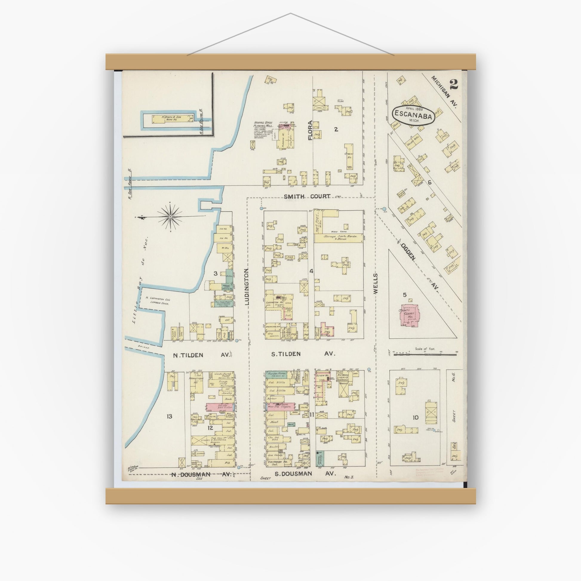Old map wall art mockup — magnetic wood frame on white wall — Sanborn Fire Insurance Map from Escanaba, Delta County, Michigan (1888), Sheet #0002