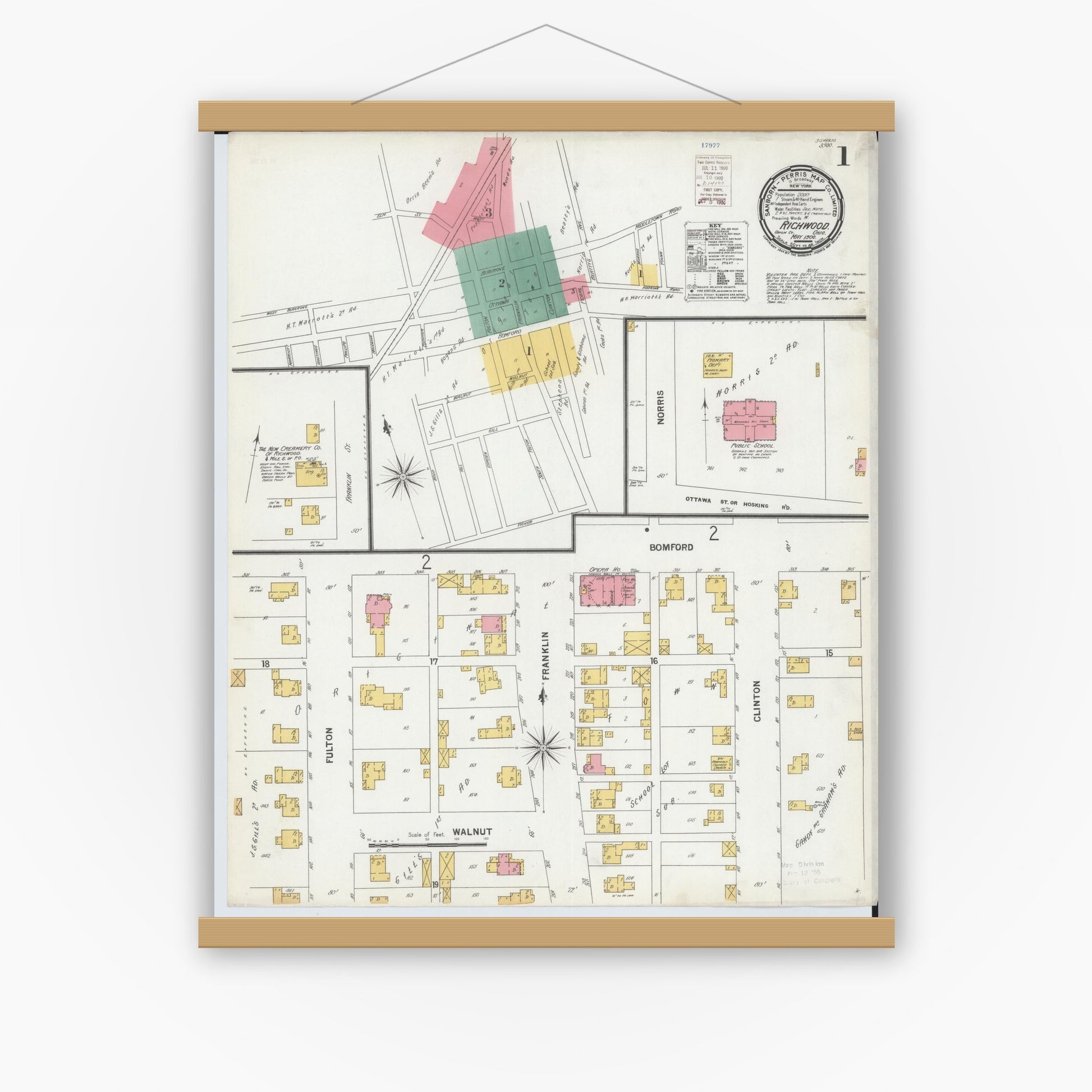 Old map wall art mockup — magnetic wood frame on white wall — Sanborn Fire Insurance Map from Richwood, Union County, Ohio (1900), Sheet #0001