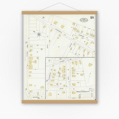 Old map wall art mockup — magnetic wood frame on white wall — Sanborn Fire Insurance Map from White Plains, Westchester County, New York (1905), Sheet #0028