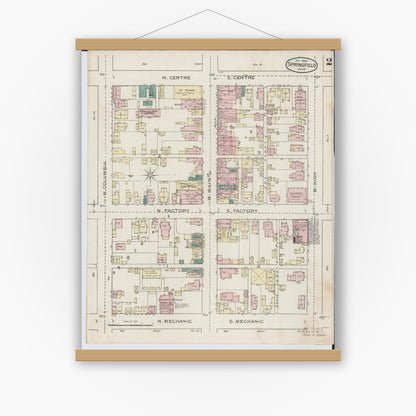 Old map wall art mockup — magnetic wood frame on white wall — Sanborn Fire Insurance Map from Springfield, Clark County, Ohio (1886), Sheet #0002