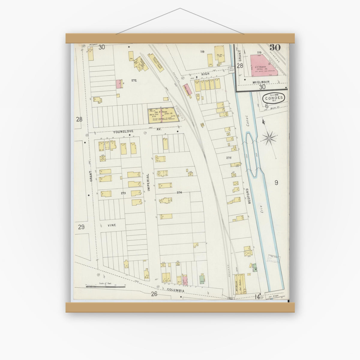 Old map wall art mockup — magnetic wood frame on white wall — Sanborn Fire Insurance Map from Cohoes, Albany County, New York (1896), Sheet #0030