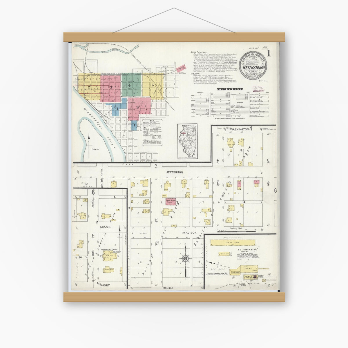 Old map wall art mockup — magnetic wood frame on white wall — Sanborn Fire Insurance Map from Keithsburg, Mercer County, Illinois (1913) - Complete Map Set