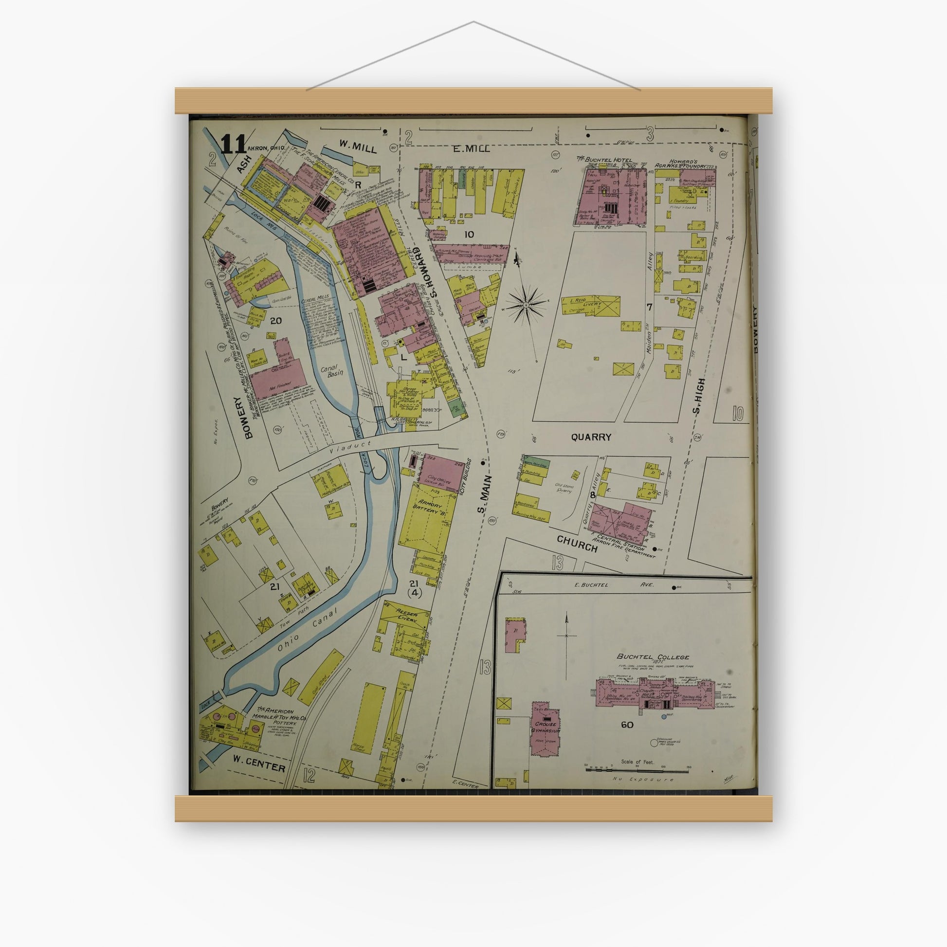 Old map wall art mockup — magnetic wood frame on white wall — Sanborn Fire Insurance Map from Akron, Summit County, Ohio (1892), Sheet #0011