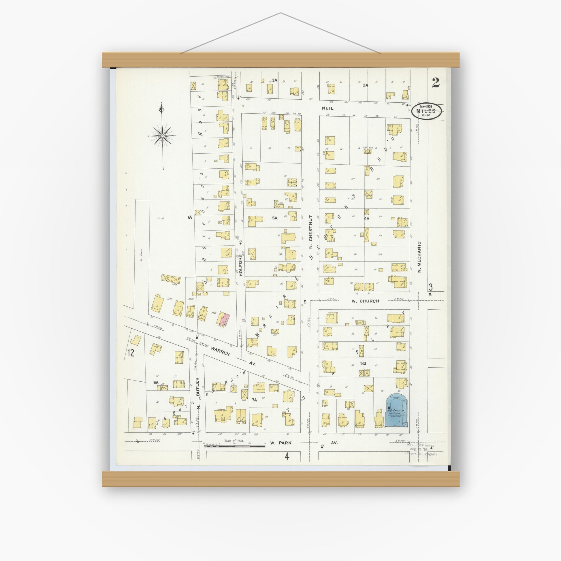 Old map wall art mockup — magnetic wood frame on white wall — Sanborn Fire Insurance Map from Niles, Trumbull County, Ohio (1909), Sheet #0002