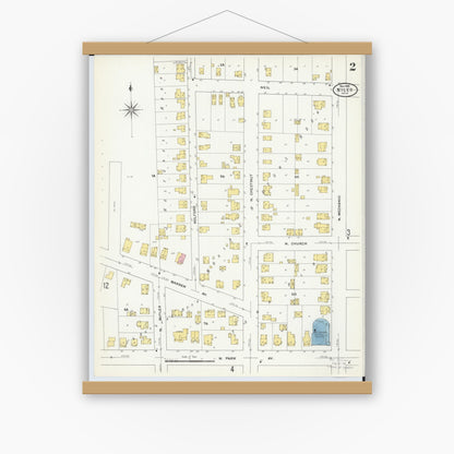 Old map wall art mockup — magnetic wood frame on white wall — Sanborn Fire Insurance Map from Niles, Trumbull County, Ohio (1909), Sheet #0002
