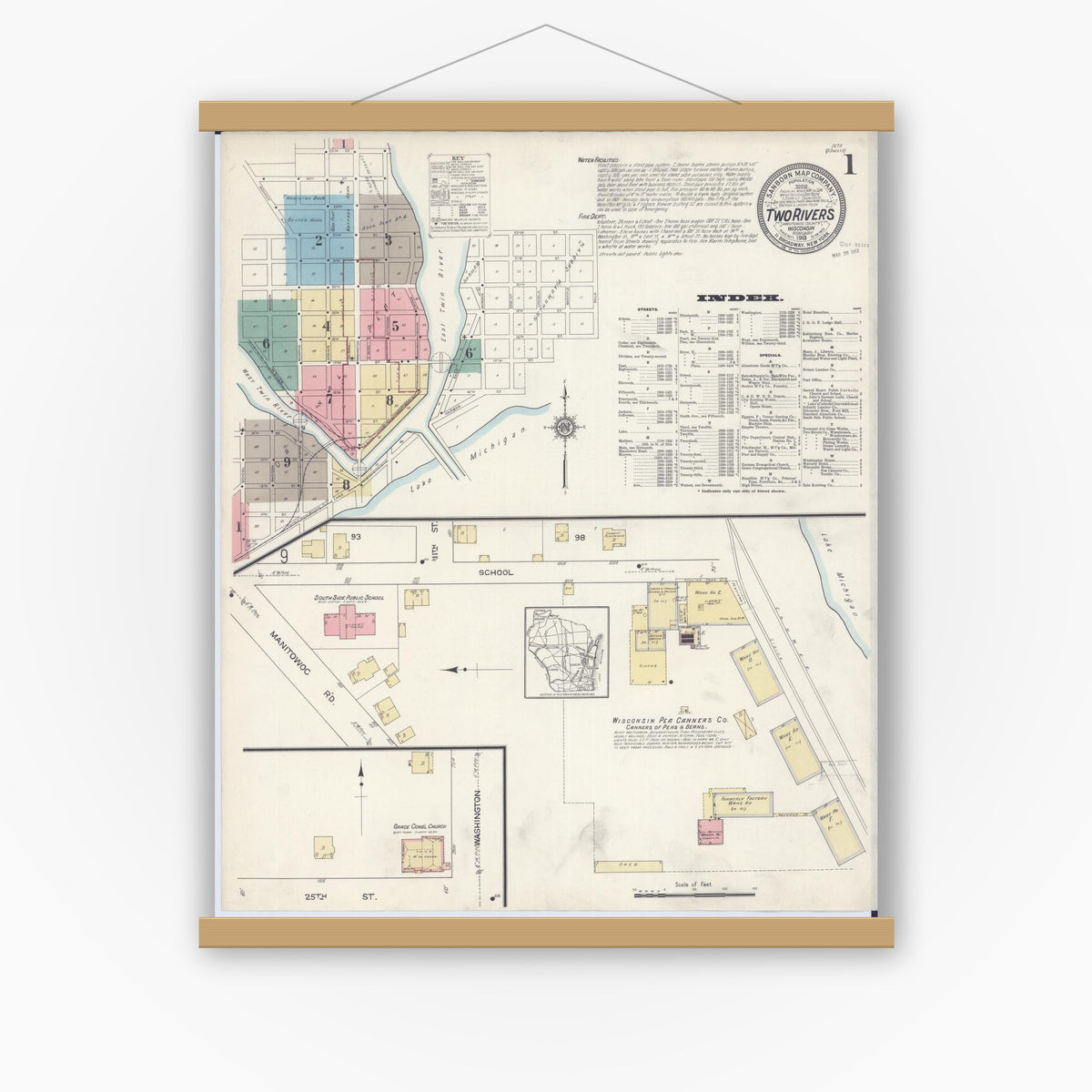 Old map wall art mockup — magnetic wood frame on white wall — Sanborn Fire Insurance Map from Two Rivers, Manitowoc County, Wisconsin (1913) - Complete Map Set