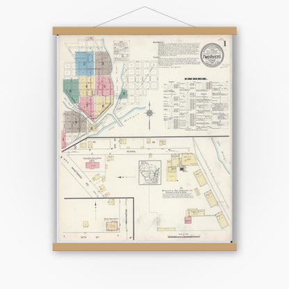 Old map wall art mockup — magnetic wood frame on white wall — Sanborn Fire Insurance Map from Two Rivers, Manitowoc County, Wisconsin (1913) - Complete Map Set