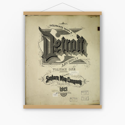 Old map wall art mockup — magnetic wood frame on white wall — Sanborn Fire Insurance Map from Detroit, Wayne County, Michigan (1950), Sheet #0001