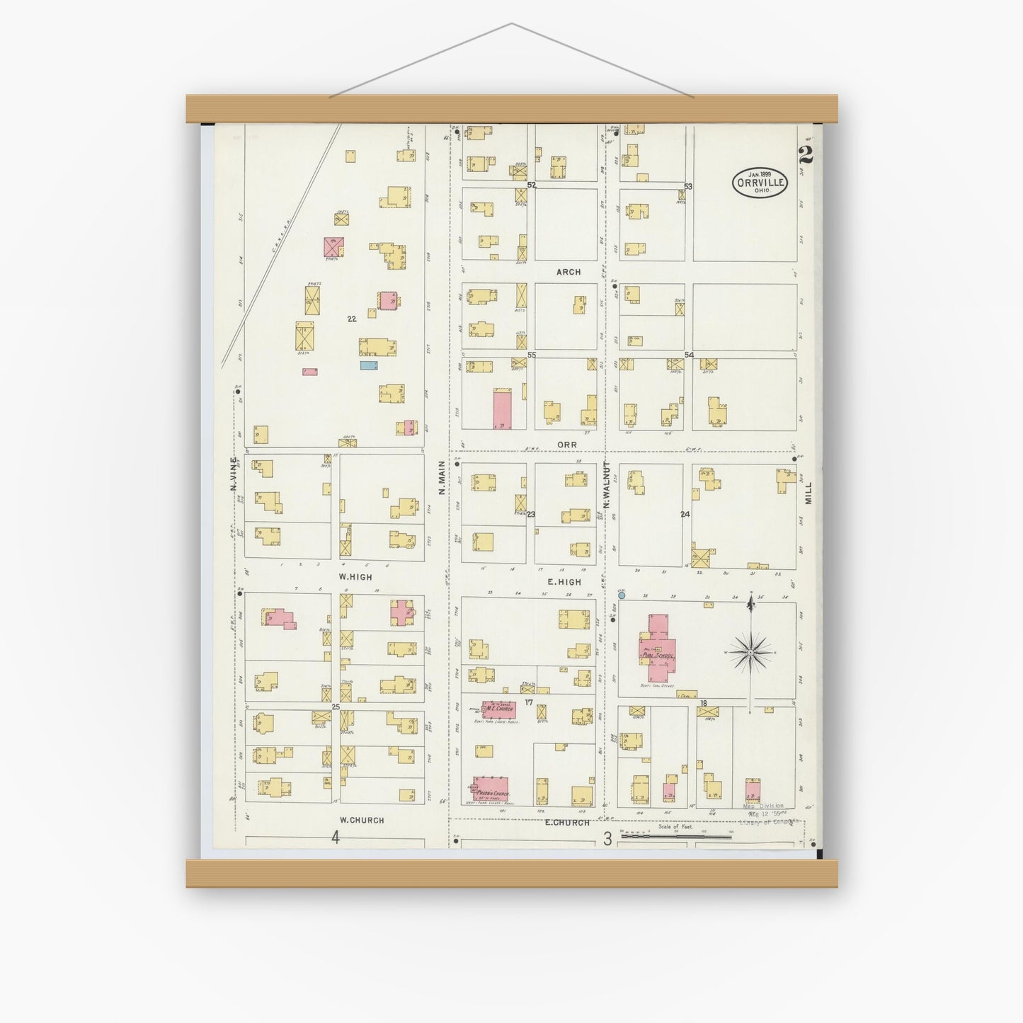 Old map wall art mockup — magnetic wood frame on white wall — Sanborn Fire Insurance Map from Orrville, Wayne County, Ohio (1899), Sheet #0002