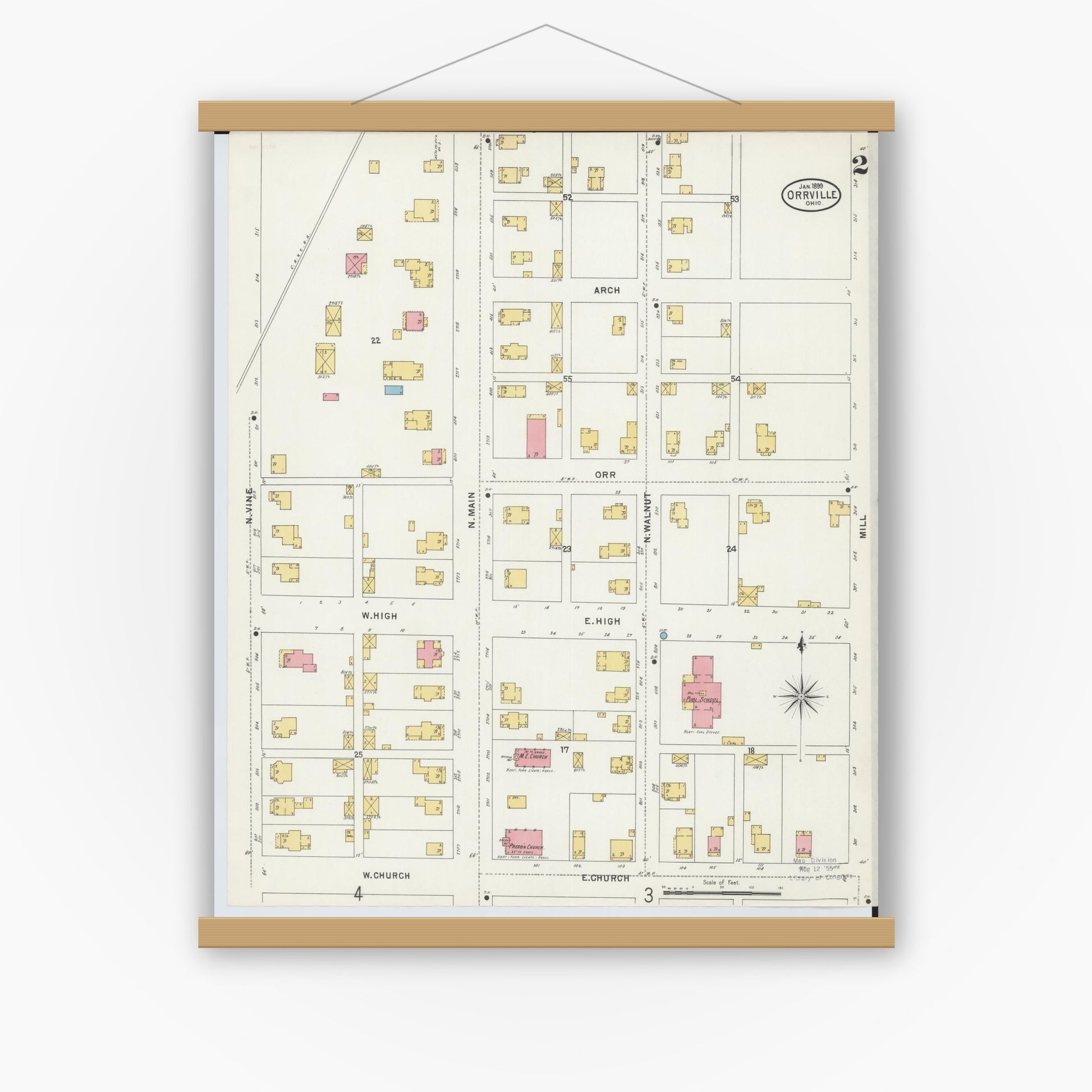 Old map wall art mockup — magnetic wood frame on white wall — Sanborn Fire Insurance Map from Orrville, Wayne County, Ohio (1899), Sheet #0002