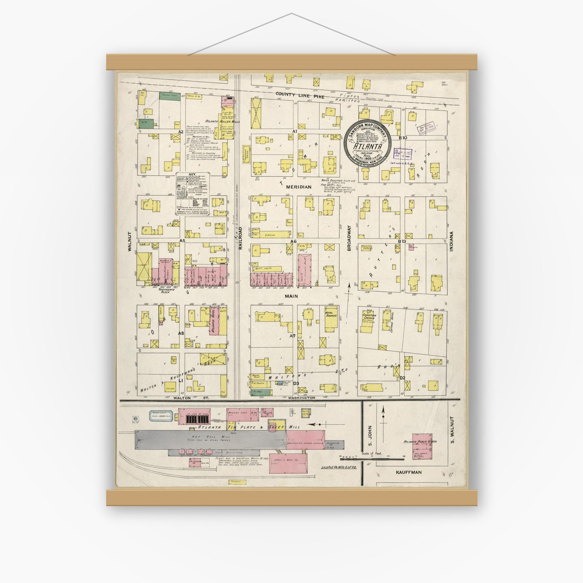 Old map wall art mockup — magnetic wood frame on white wall — Sanborn Fire Insurance Map from Atlanta, Hamilton And Tipton Counties, Indiana (1909), Sheet #0001