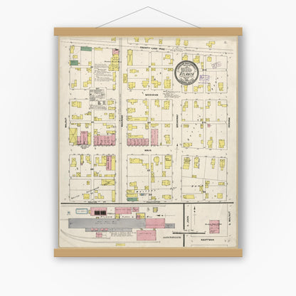 Old map wall art mockup — magnetic wood frame on white wall — Sanborn Fire Insurance Map from Atlanta, Hamilton And Tipton Counties, Indiana (1909), Sheet #0001