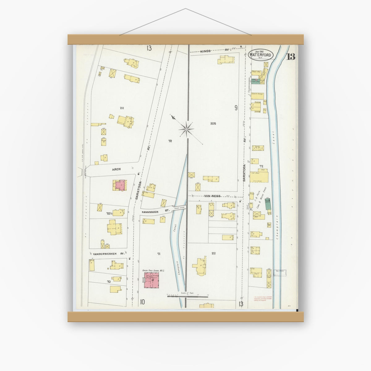 Old map wall art mockup — magnetic wood frame on white wall — Sanborn Fire Insurance Map from Waterford, Saratoga County, New York (1902), Sheet #0013