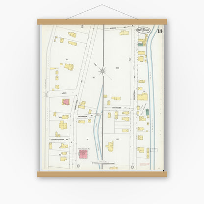 Old map wall art mockup — magnetic wood frame on white wall — Sanborn Fire Insurance Map from Waterford, Saratoga County, New York (1902), Sheet #0013